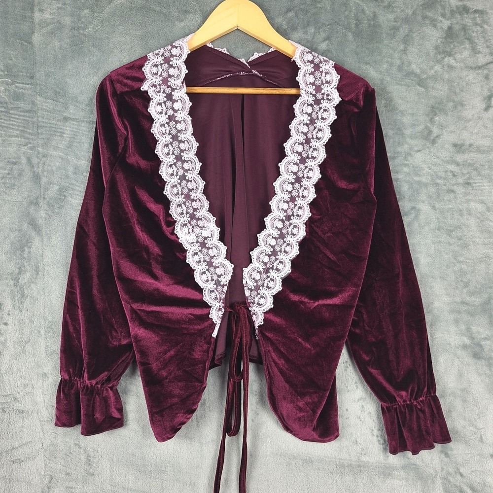 Womens Top Medium Victorian Ren Fair Whimsigoth Romantic Lace Velvet Tie Front